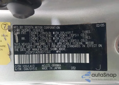 2005 Toyota Highlander Limited V6 z USA, uszkodzony, nr VIN JTEDP21A050071363